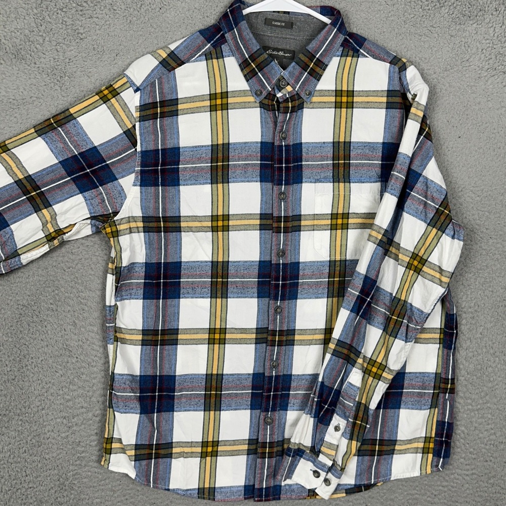 Eddie Bauer Shirt Mens Large Classic Fit Blue Yellow White Plaid Button Down EUC